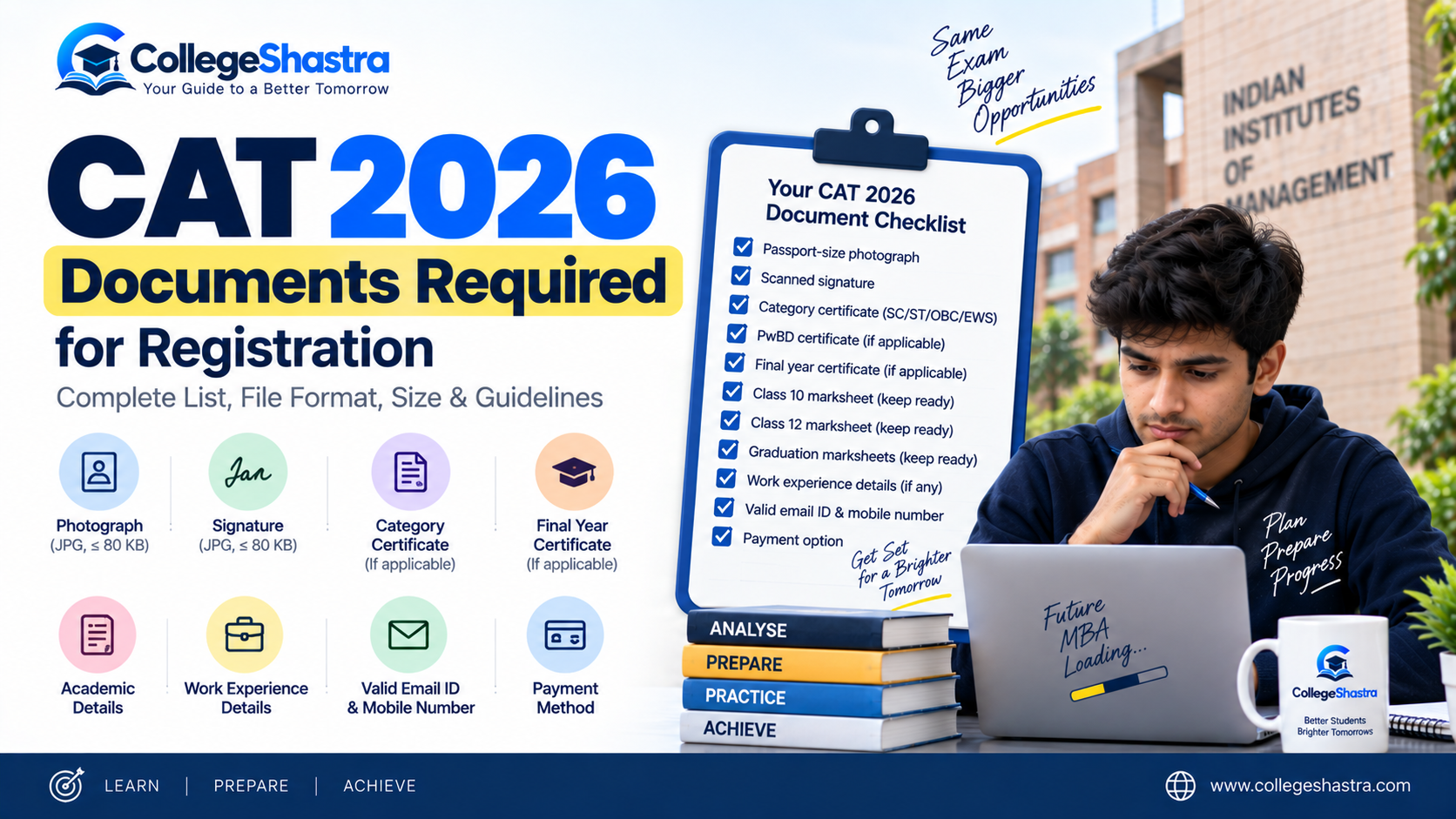 CAT 2026 documents required for registration including photo, signature, academic records and category certificates